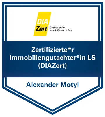 DIAZert-Siegel: Alexander Motyl, Zertifizierter Immobiliengutachter LS (DIAZert), gem. DIN EN ISO/IEC 17024 zertifiziert (DIA-IB-685)